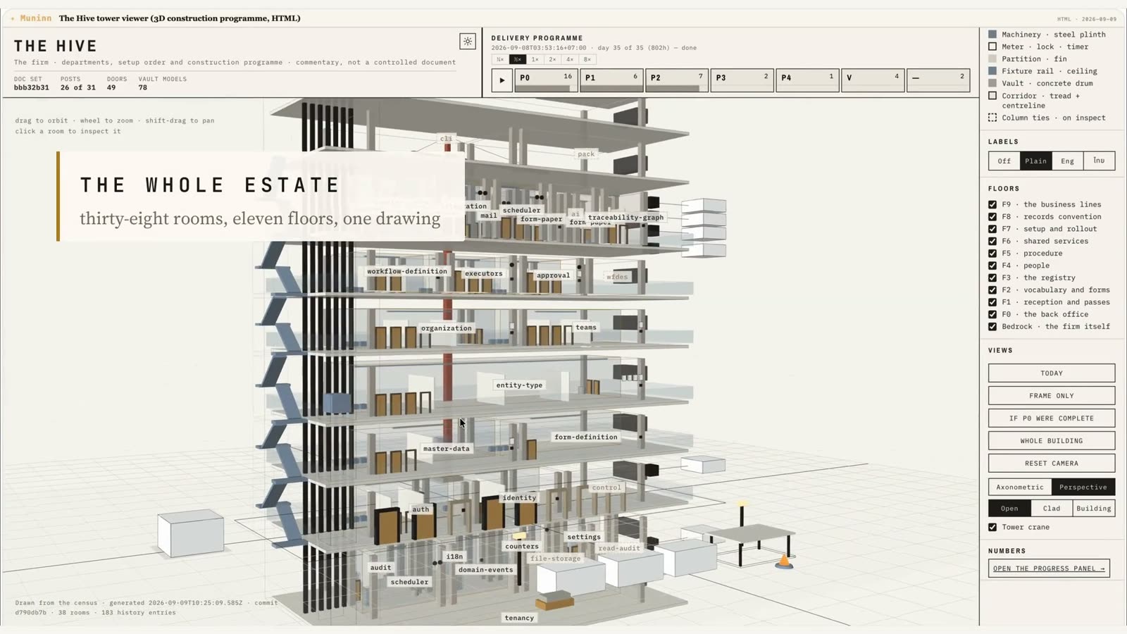 An eleven-storey tower drawn as a cutaway construction sheet on warm paper, its rooms labelled with module names, captioned THE WHOLE ESTATE.