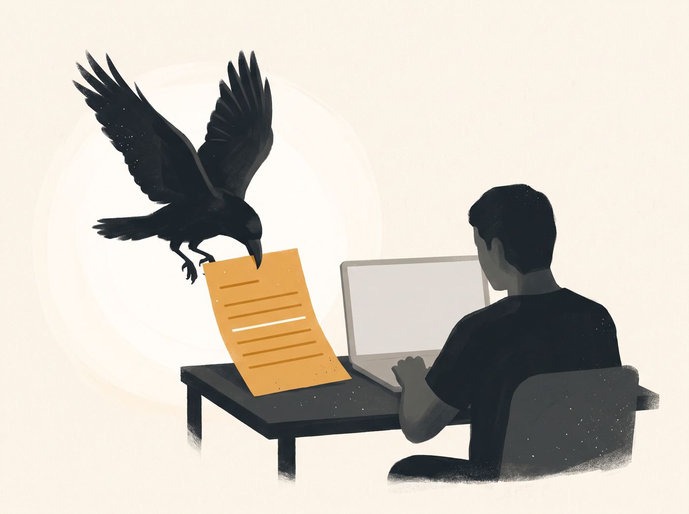 A raven comes down to set a bright page on a desk beside a laptop whose screen is still blank.