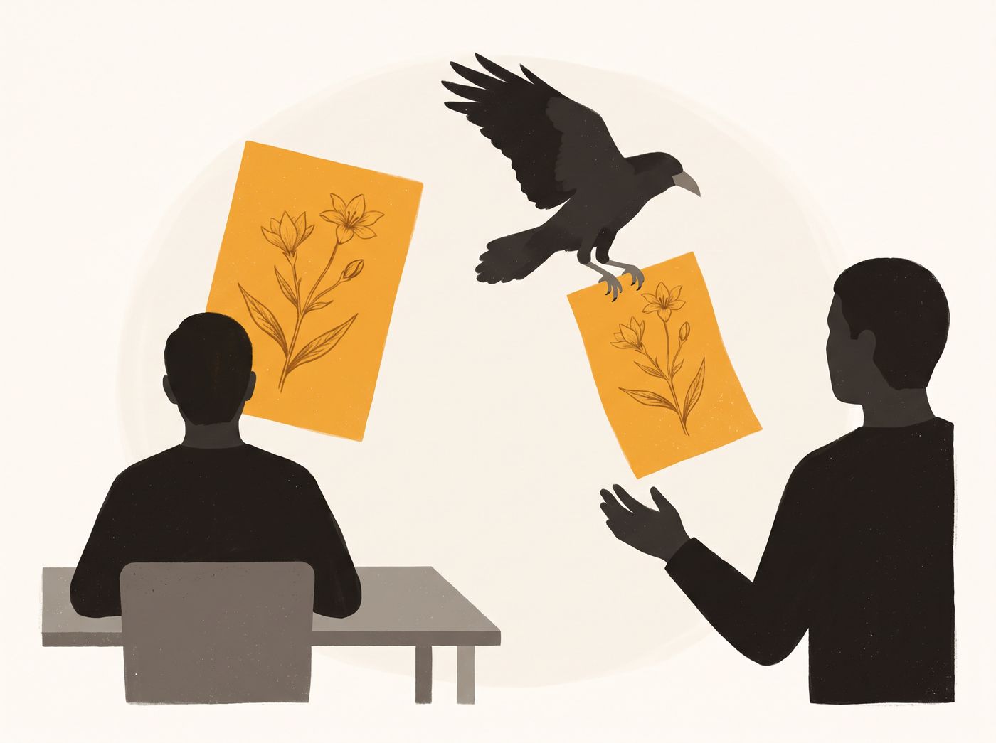 One person hands another a bright sheet carrying a delicate botanical drawing, flown across by a raven. Everything else in the room is charcoal.