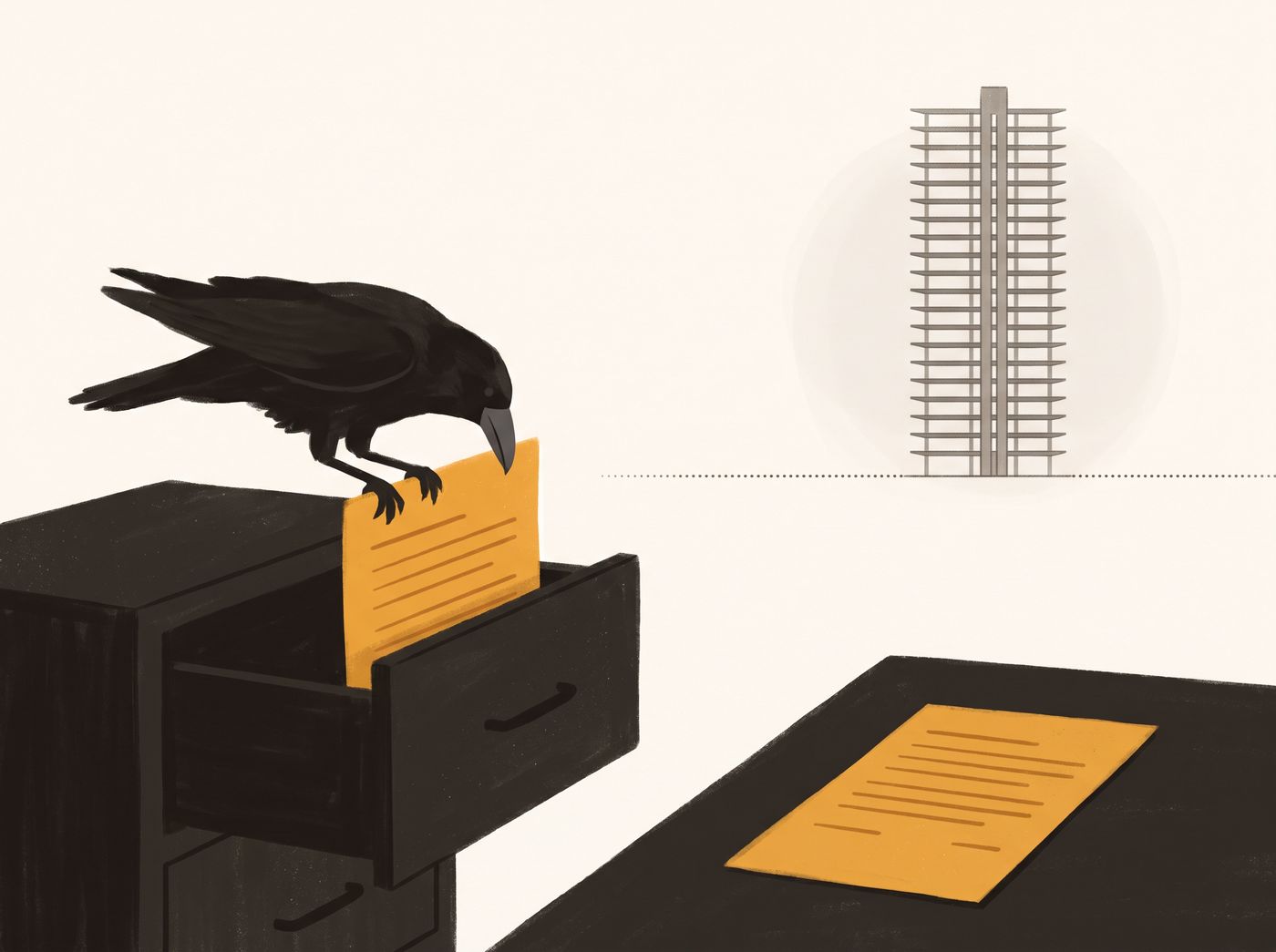 A raven lays a bright sheet into the open drawer of a filing cabinet that belongs to you, while an identical sheet stays on the desk. A plain grey tower stands far off, beyond a dotted line.